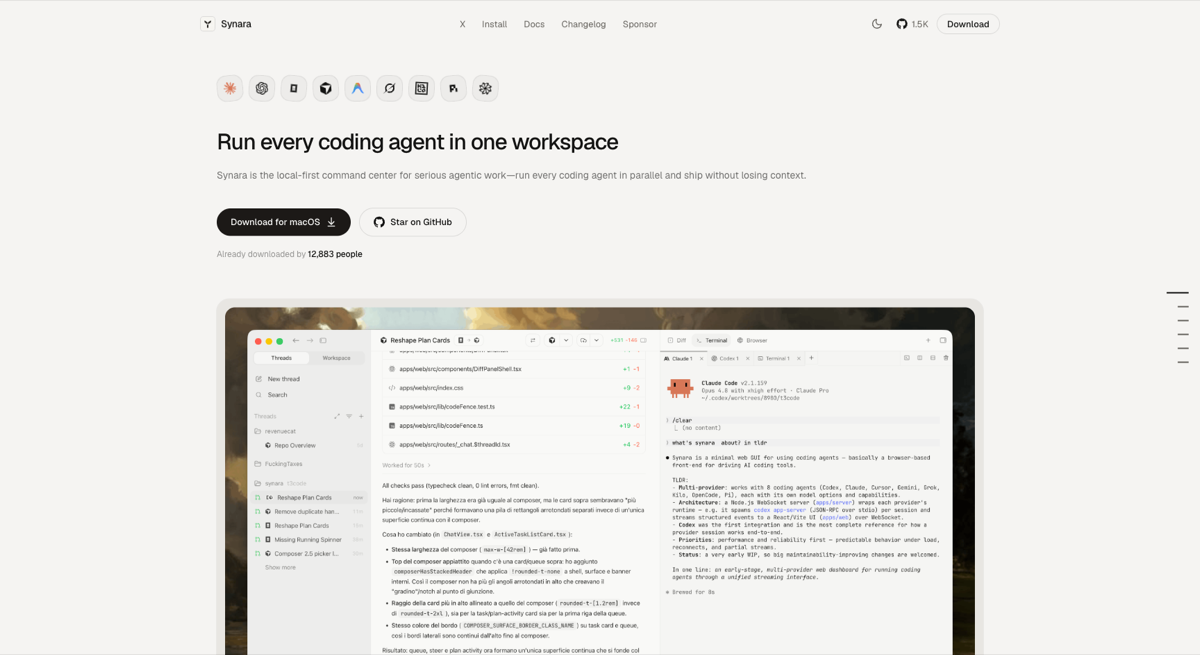 The Synara workspace running multiple coding agents